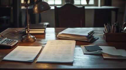 Gentle lighting on budget summaries, credit reports, and property loan applications arranged on a wooden desk, evoking a calm and focused planning session