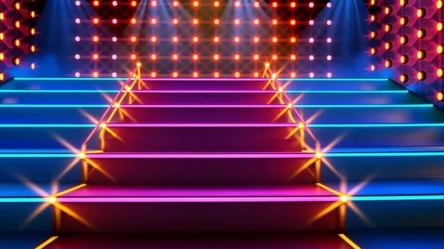 A vibrant stage is set with colorful lights and illuminated steps, creating an inviting atmosphere for performances at an entertainment venue