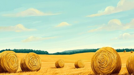  Painted hay bales field blue sky clouds