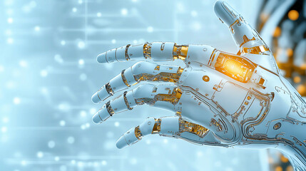 A crisp, high-resolution image of an industrial robotic arm with a gripper raised as if waving, set against a white background. The design features intricate gears, sensors, and me