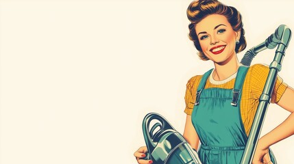 Retro housewife with vacuum cleaner in vibrant pop art style