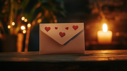 Romantic envelope with heart decorations in candlelit setting with bokeh effects 