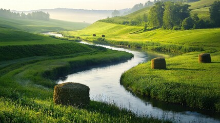 Obraz premium A lush green field with hay bales in the foreground, flowing gently into another lush green field