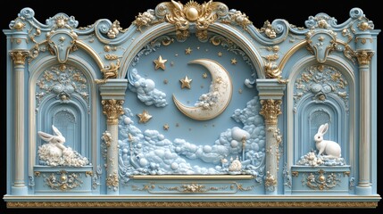 Obraz premium A decorative blue and gold wall panel with a crescent moon, stars, clouds, and two white rabbits.