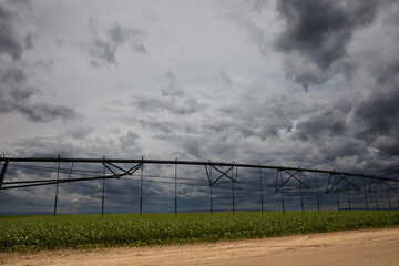Stormy Sky Over Agricultural Field With Irrigation System