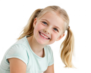 Close-up portrait of a cheerful young girl with pigtails and a big smile, isolated on transparent background