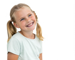 Close-up portrait of a cheerful young girl with pigtails and a big smile, isolated on transparent background