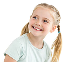 Close-up portrait of a cheerful young girl with pigtails and a big smile, isolated on transparent background