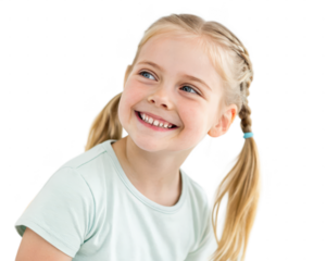 Close-up portrait of a cheerful young girl with pigtails and a big smile, isolated on transparent background