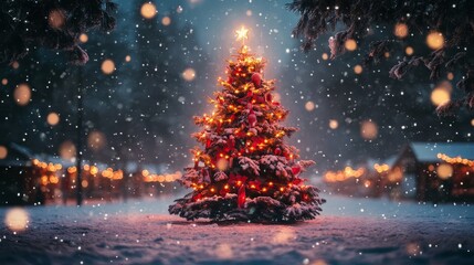 A Christmas tree is lit up in the snow