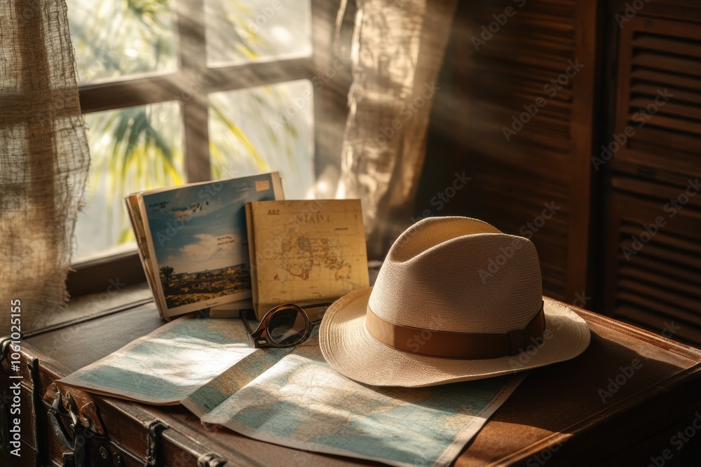 Aufkleber a travel hat is placed on an open suitcase, accompanied by maps and guides, evoking the spirit of ex