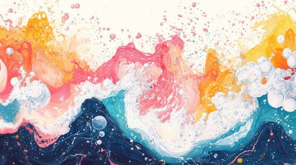 Abstract painting with bright colors and white bubbles.