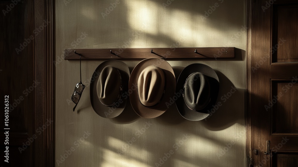 Poster three classic fedora hats rest on a wooden rack in a gently illuminated room, enhancing the vintage 