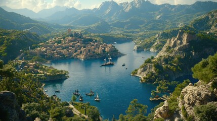 Fototapeta premium Picturesque town nestled in a valley, surrounded by mountains and a calm lake.