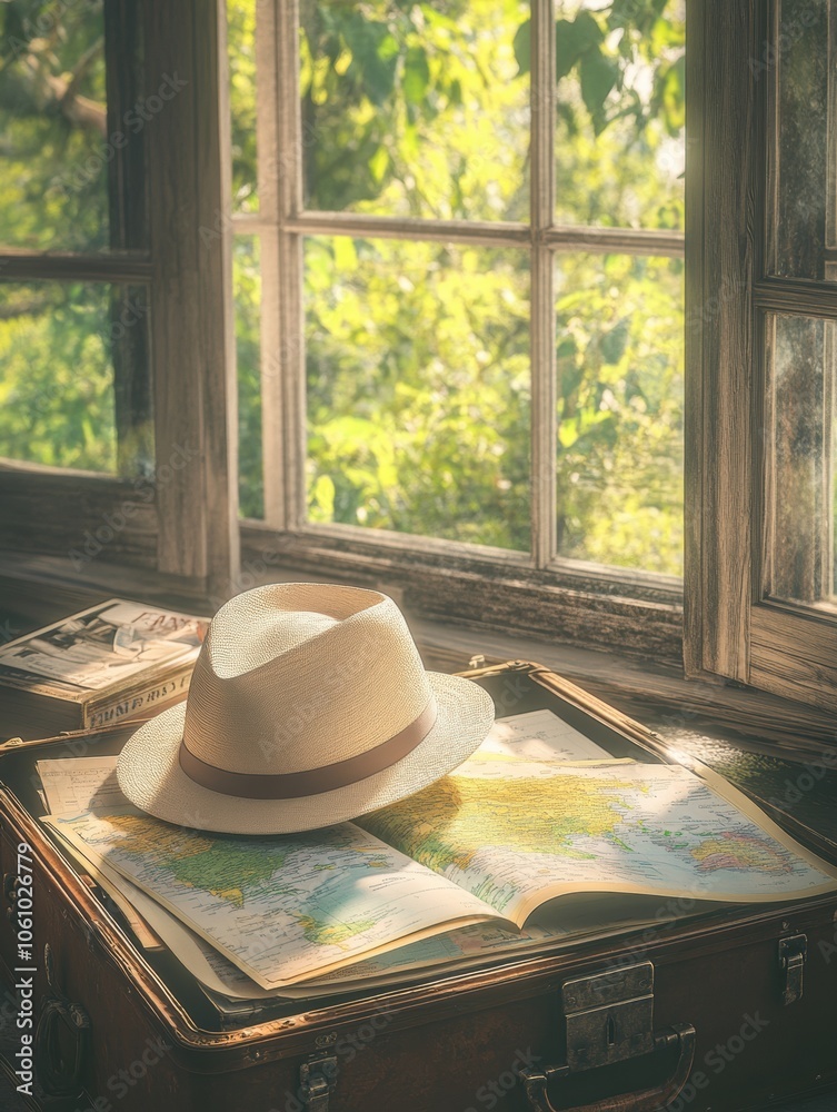 Aufkleber A travel hat is placed on an open suitcase, surrounded by maps and travel guides beside a window with lush greenery outside. Generative AI