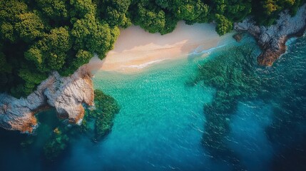 Aerial View of Scenic Beach and Forest Landscape