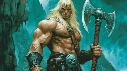 A ripped barbarian warrior displays his impressive musculature and skull belt, striking an epic pose while gripping his battle axe