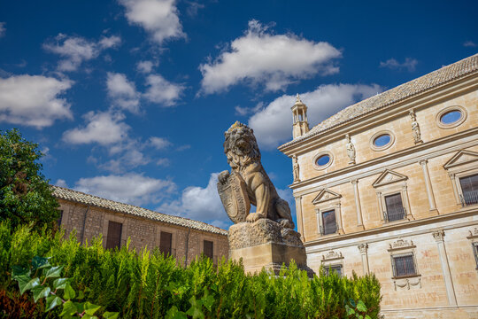 Plaza Vazquez de Molina with a sculpture of a lion in the UNESCO world heritage city of Ubeda, Jaen, Andalusia, Spain
