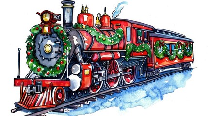 Obraz premium An old-fashioned steam train with Christmas decorations on the front