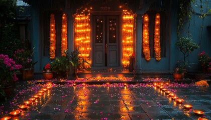 Obraz premium Beautifully decorated front door for Diwali, with glowing diyas, string lights, and flower garlands, Diwali decorations, front door decor, 