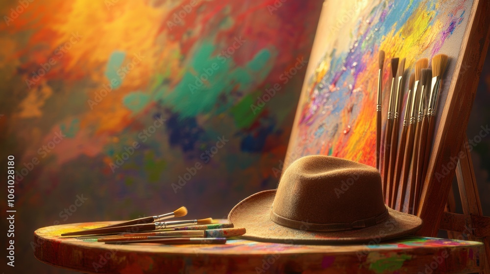 Leinwandbilder a cozy artist's workspace features a hat lying next to paint tubes and an array of brushes on an eas
