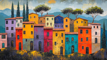 Colorful Cluster Of Italian-Style Houses On A Hillside: Vibrant Architecture With Textured Paint Strokes Against A Scenic Mountain Background