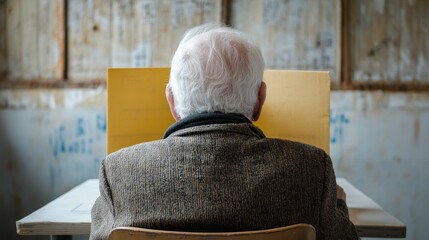 An elderly person with white hair seated at a table, viewed from behind, in a minimalistic setting with a yellow partition