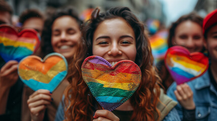 Happy portrait of girls raising rainbow symbols and looking at camera smiling.