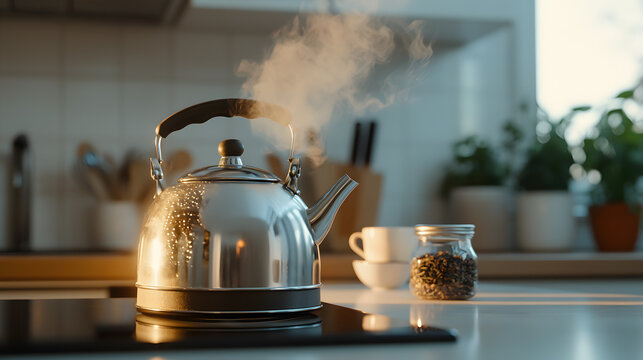 A classic kettle on a stove, bubbling with boiling water, filling the air with warmth and anticipation of a soothing cup of tea or coffee