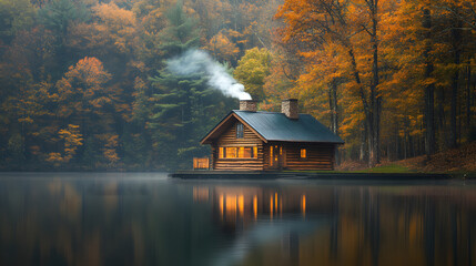 Obraz premium Tranquil Lakeside Cabin Surrounded by Pines with Gentle Chimney Smoke Rising Peacefully