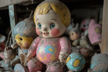 Fototapeta premium Old dirty doll sitting on shelf with other toys