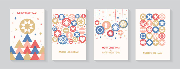 Modern Christmas greeting card set. Christmas ball, tree and snowflakes. Vector illustration