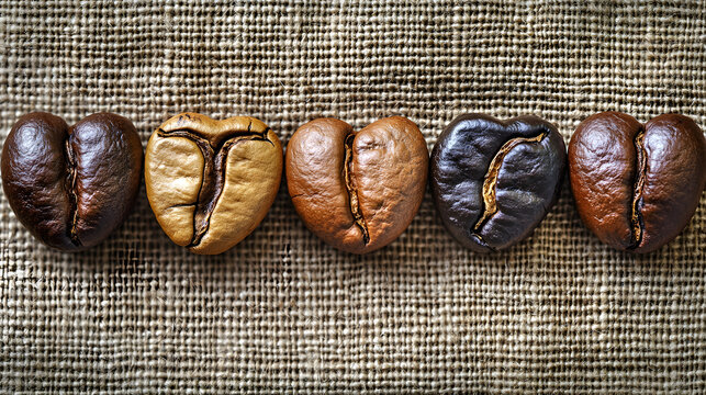 A Close-Up of Heart-Shaped Excelsa Coffee Beans on Textured Burlap, Showcasing Rich Colors and Natural Imperfections