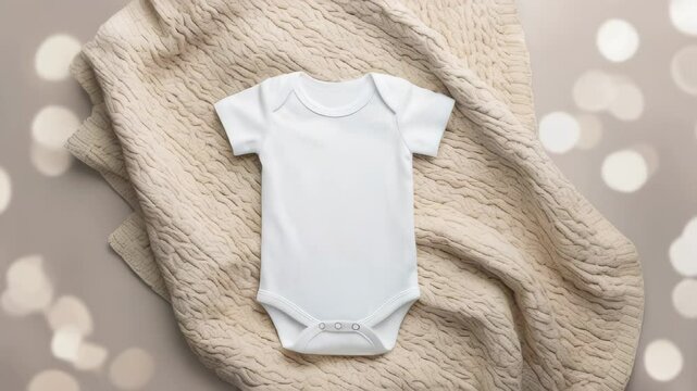 White baby short sleeve bodysuit mockup for presentation cute sublimation designs. bodysuit on textured knit blanket