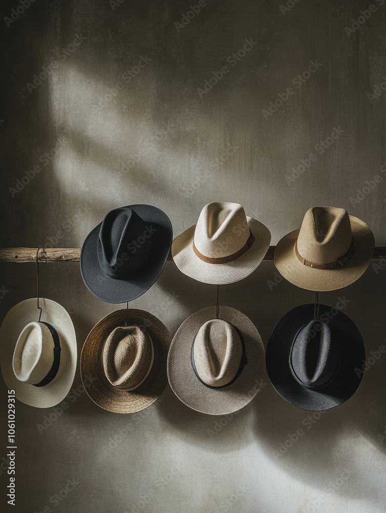 Poster classic fedora hats of various colors and materials are elegantly displayed, capturing a timeless fa