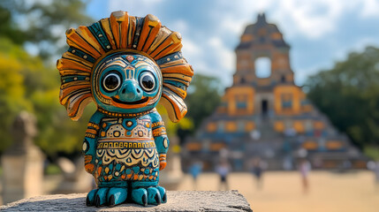 Artistic brilliance of a vibrant mythical alebrije gracing the foreground amidst a historic aged temple complex showcasing ancient cultural elements