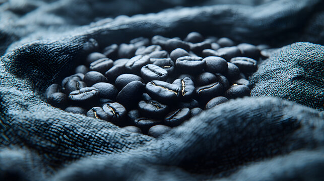 Artistic Spread of Coffea Stenophylla Beans on Textured Cloth Evoking Coffee Moments