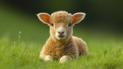 Obraz premium Cute lamb resting in green grass with a soft focus background for spring atmosphere