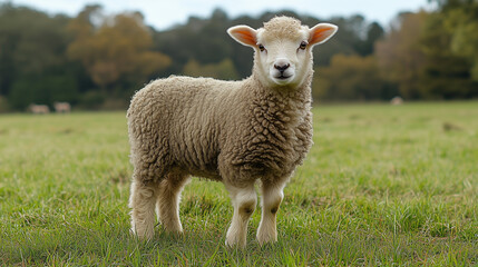 Fototapeta premium Curious lamb standing in a grassy field with a soft background for springtime