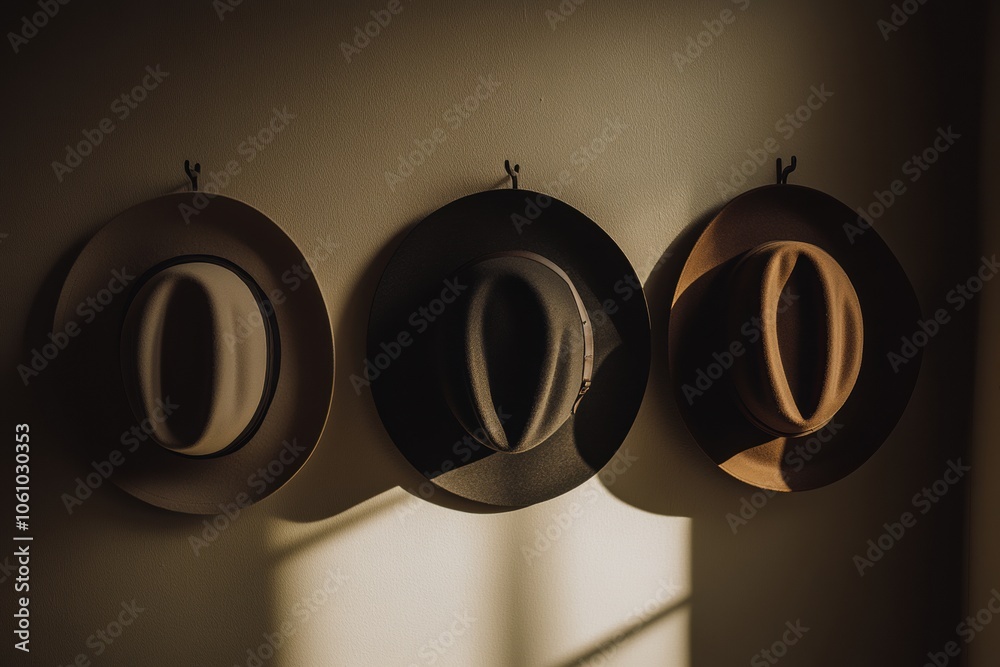 Aufkleber three classic fedora hats hanging on wall hooks catch gentle light, creating a warmth that enhances 