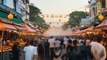 local street moving festival Bangkok time Crowd lapse Thailand shopping market city night urban landscape skyline view architecture building aerial asia business downtown light traffic travel sky pan