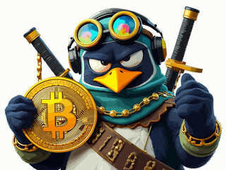 Obraz premium A cartoon penguin character holding a Bitcoin, wearing headphones and styled with samurai swords in a vibrant, creative setting