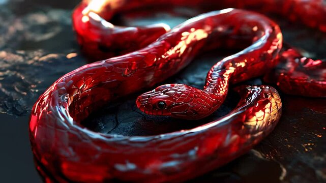 A vibrant red snake slithering on a dark surface, showcasing its glossy scales and intricate patterns under soft lighting