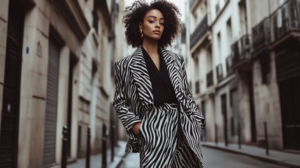 Fototapeta premium A woman in a zebra print suit stands proudly on a busy city street