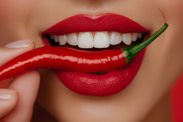A close-up of a person’s mouth holding a red chilli pepper, capturing the intensity and boldness of spicy flavours and daring culinary experiences