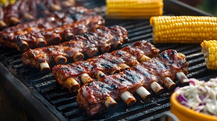 An outdoor BBQ party with grilled ribs corn on the cob
