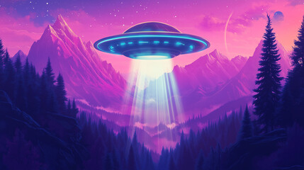 an unidentified flying object, with a classic saucer shape, hovering above a mountain range with beams of light shining down onto the forest below