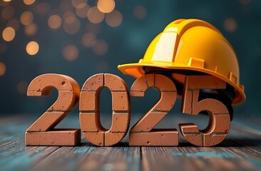A yellow construction helmet rests on the brick-red numbers 2025, New Year's Eve background