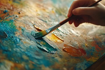 Obraz premium Small child mixing colors with hand and brush, bright paints in art class, laughing, sunlight, detailed close-up on messy hands, soft indoor light 1
