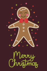 Christmas greeting card with funny hand drawn gingerbread cookie. Vector illustration